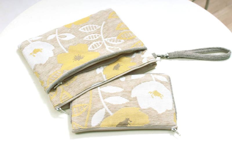 シェニール織 フラットポーチ 約12×20cm [Gris & Jaune]