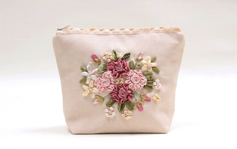 ジップポーチ リボン刺繍 約18×20cm [Rose Ruban]