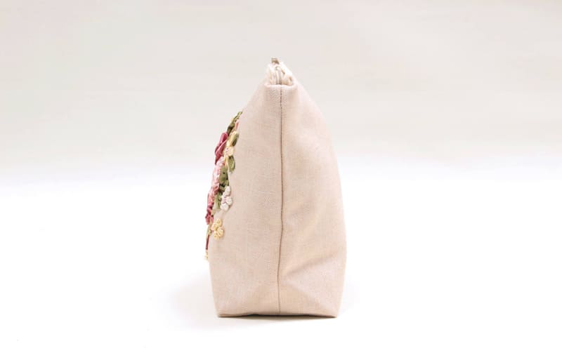 ジップポーチ リボン刺繍 約18×20cm [Rose Ruban]