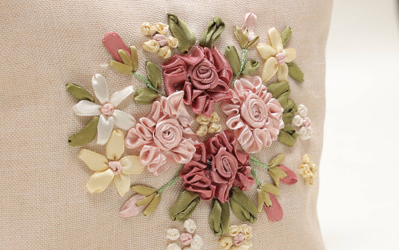 ジップポーチ リボン刺繍 約18×20cm [Rose Ruban]