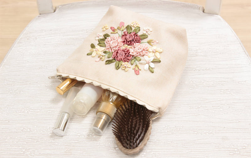 ジップポーチ リボン刺繍 約18×20cm [Rose Ruban]