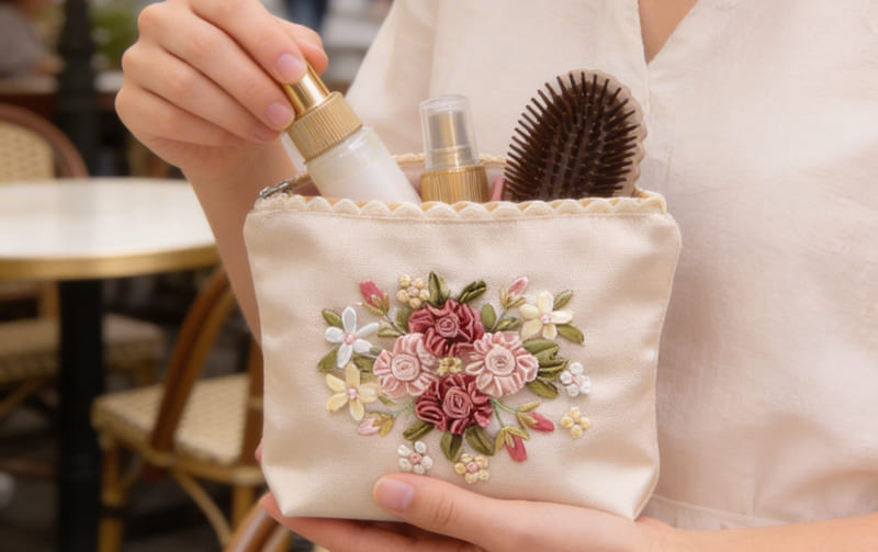 ジップポーチ リボン刺繍 約18×20cm [Rose Ruban]
