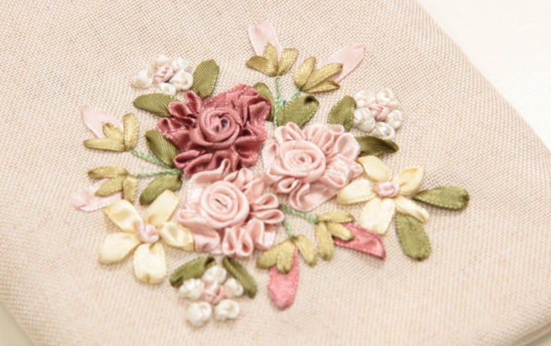 スマホポシェット リボン刺繍 約19×13cm [Rose Ruban]
