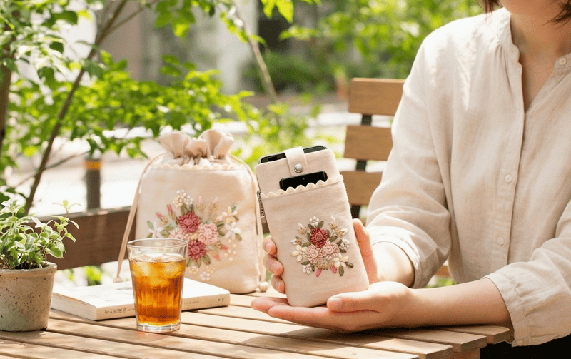 スマホポシェット リボン刺繍 約19×13cm [Rose Ruban]