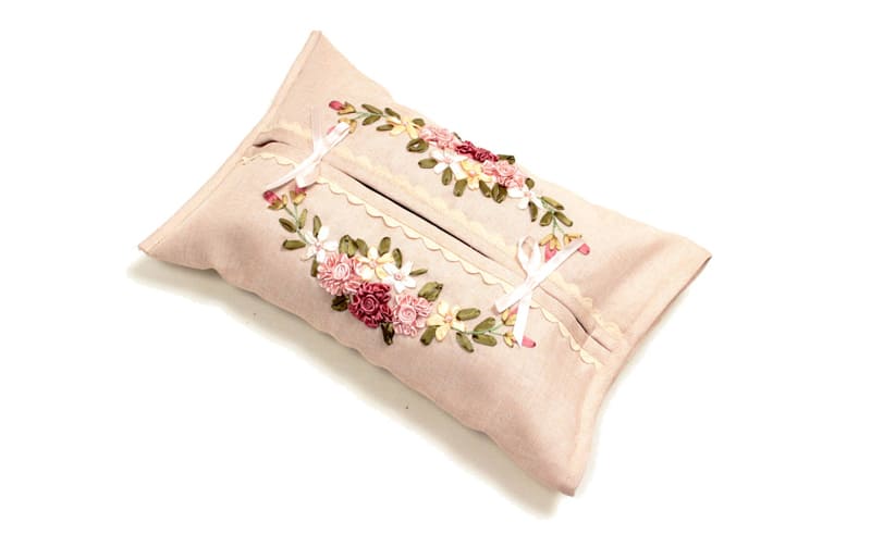 ハングティッシュボックスカバー リボン刺繍 約20×35cm [Rose Ruban]