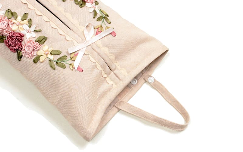 ハングティッシュボックスカバー リボン刺繍 約20×35cm [Rose Ruban]