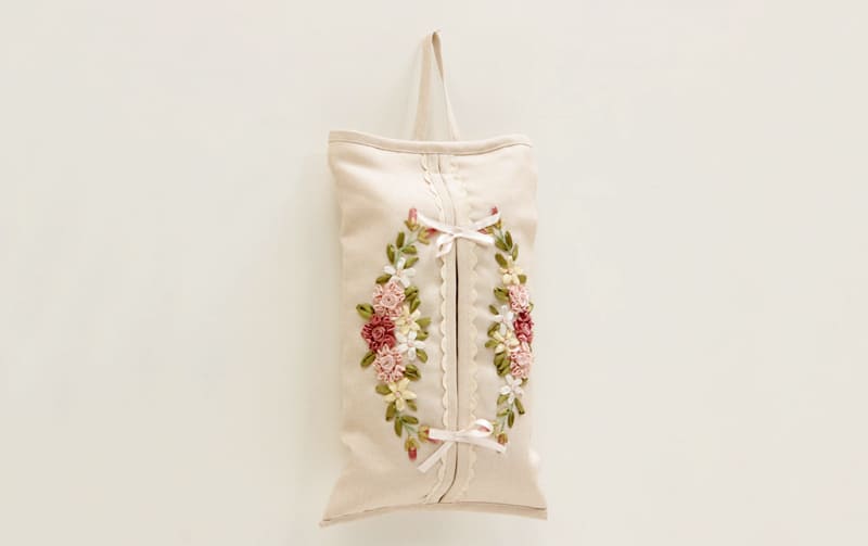 ハングティッシュボックスカバー リボン刺繍 約20×35cm [Rose Ruban]
