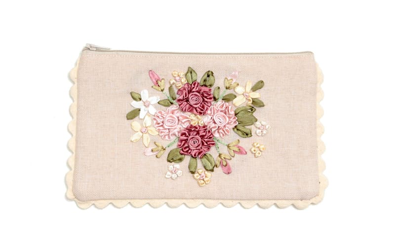 フラットポーチ リボン刺繍 約12×20cm [Rose Ruban]
