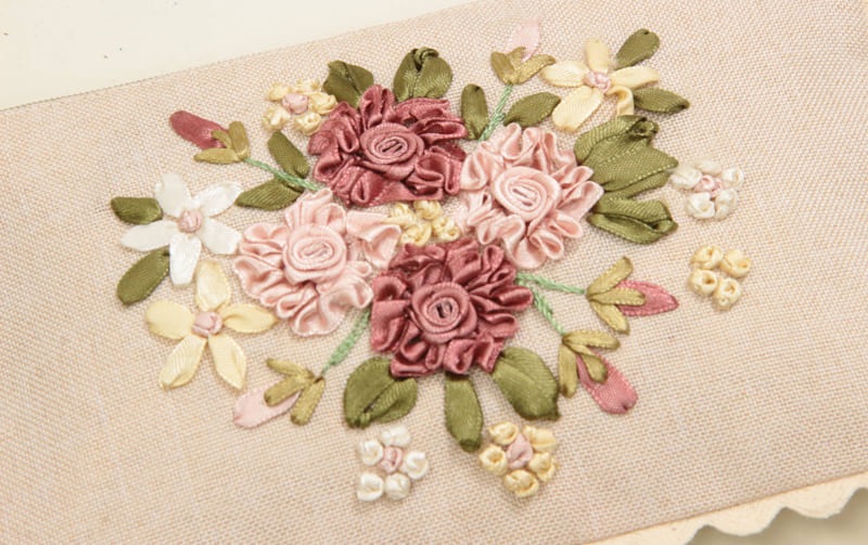 フラットポーチ リボン刺繍 約12×20cm [Rose Ruban]