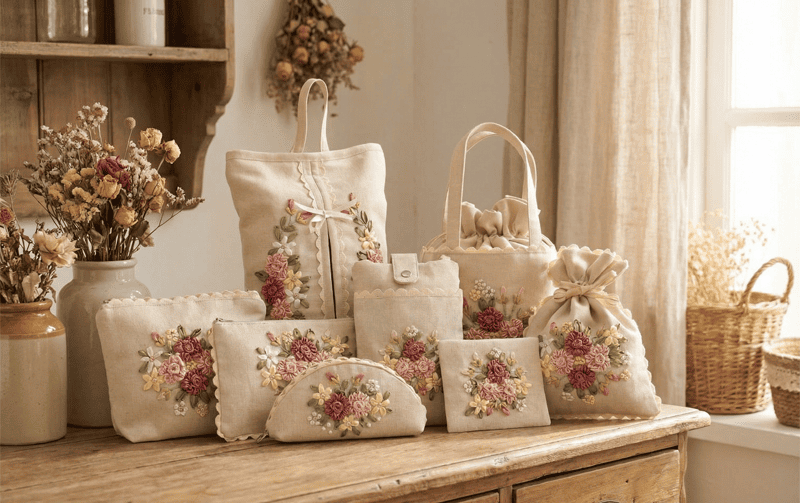 フラットポーチ リボン刺繍 約12×20cm [Rose Ruban]