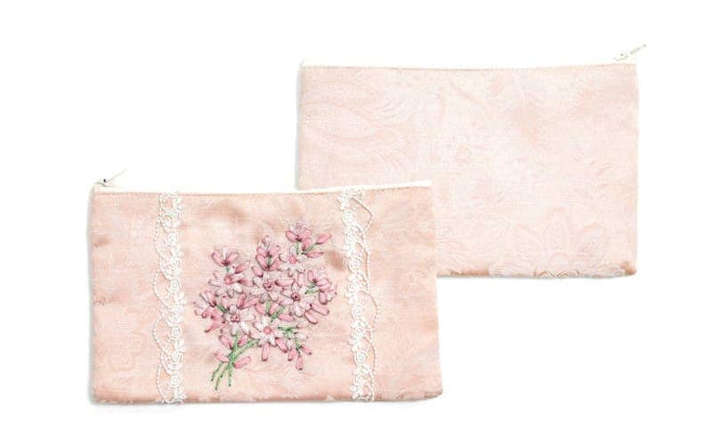 リボン刺繍 フラットポーチ 約12×20cm [Florette]｜インテリアレース