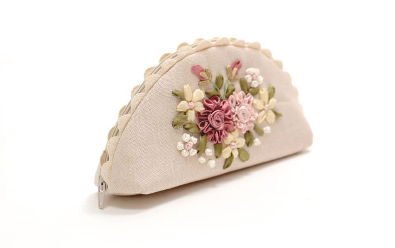 眼鏡ケース リボン刺繍 約9×18cm [Rose Ruban]