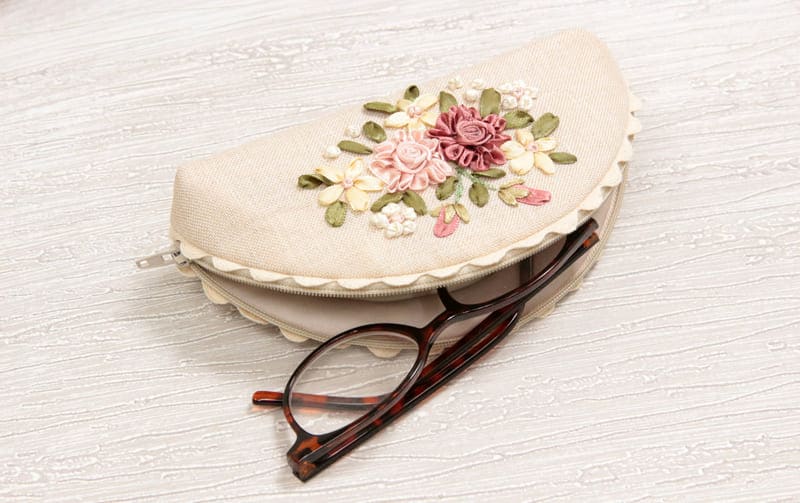 眼鏡ケース リボン刺繍 約9×18cm [Rose Ruban]