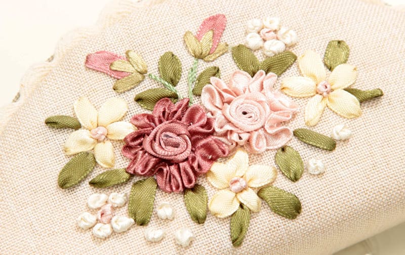 眼鏡ケース リボン刺繍 約9×18cm [Rose Ruban]