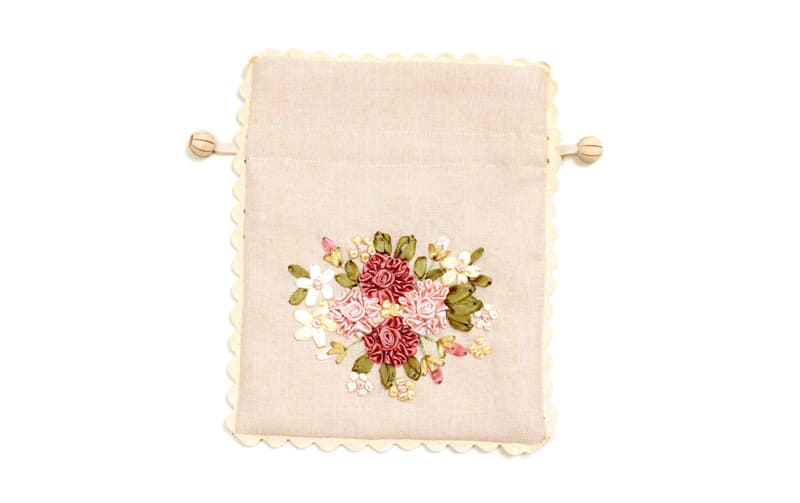 巾着 リボン刺繍 約17×22cm [Rose Ruban]