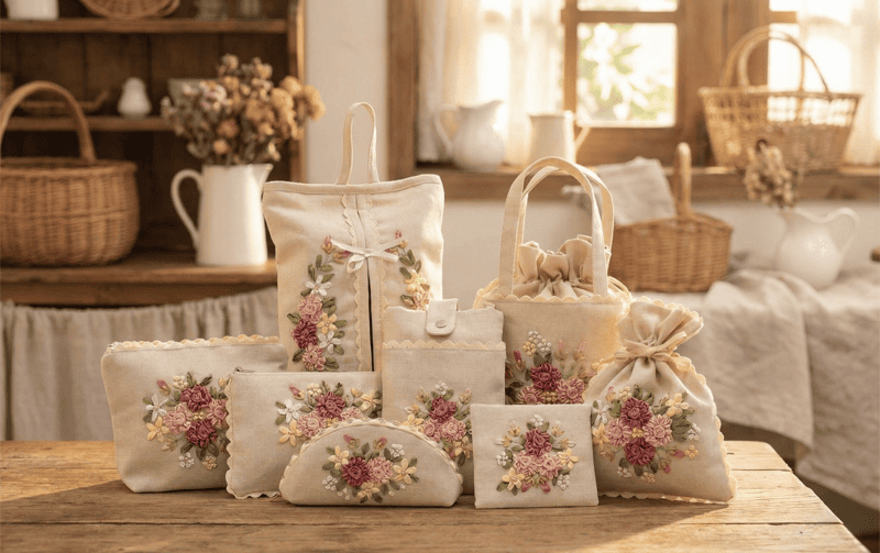 巾着 リボン刺繍 約17×22cm [Rose Ruban]