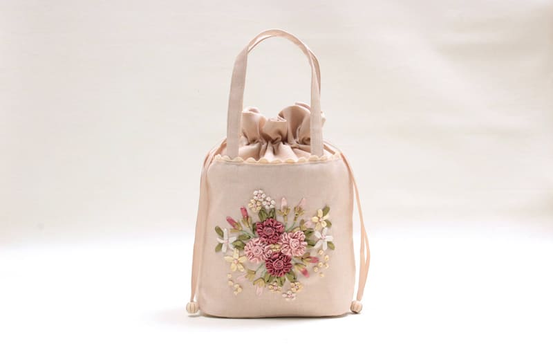 巾着バッグ リボン刺繍 約29×25×10cm [Rose Ruban]
