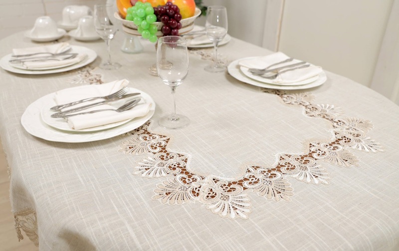 アンティークフランス アイレット向日葵＆小花 プチスカラップ とろみリネンクロス アンティーク 12輪の西洋菊 花のスカラップフリル アイレット