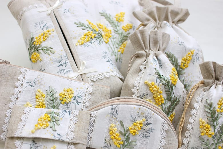 mimosa リボン刺繍 マルチケース 約12×20cm｜インテリアレース