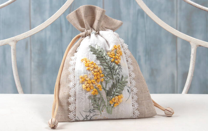 リボン刺繍 巾着　Ｌ 約17×22cm [mimosa]
