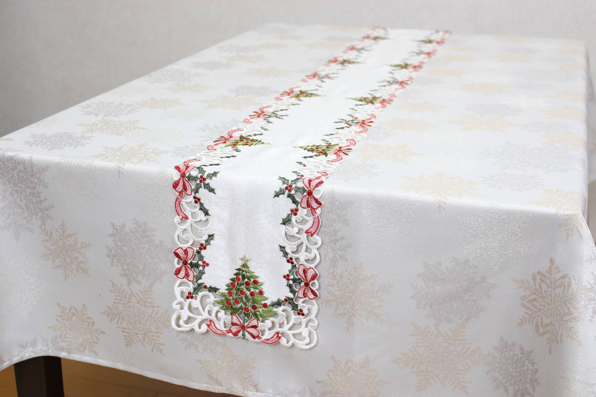 Xmas ツリー 刺繍 テーブルランナー 約20×160cm｜インテリアレース
