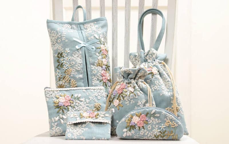 Florist リボン刺繍 巾着L 約17×22cm｜インテリアレース