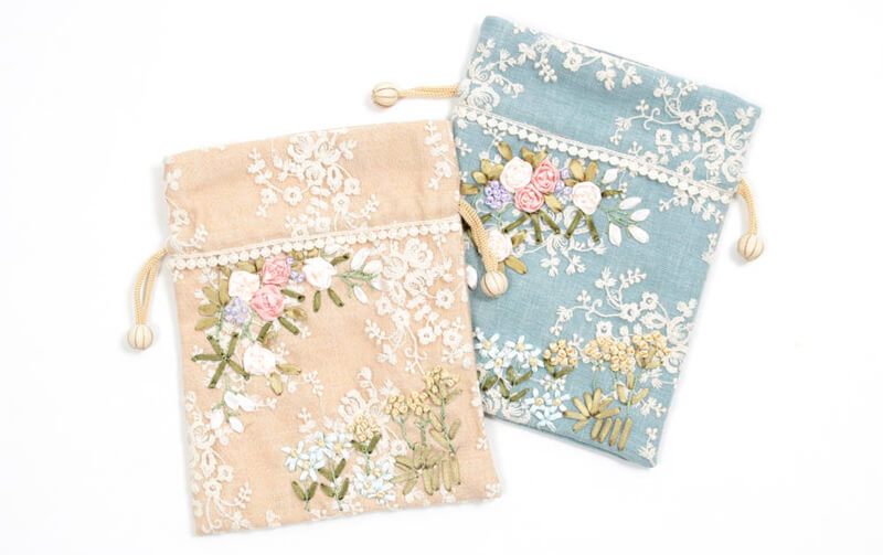 リボン刺繍 巾着Ｌ　約17×22cm [Florist]