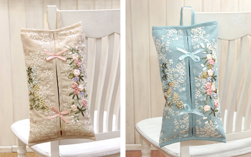 Florist リボン刺繍 ティッシュボックスカバー 約20×35cm / アミ