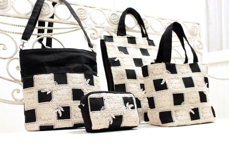 クロシェ風レースづかい ミニトートバッグ 約21×30×10cm [petit