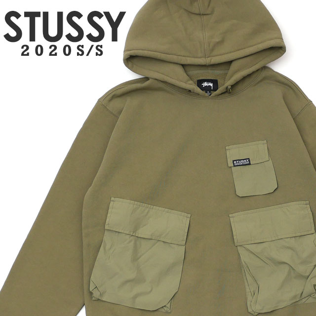 STUSSY　カーゴポケットパーカー　M　カーキ　ロゴ　ドローコード　スウェット