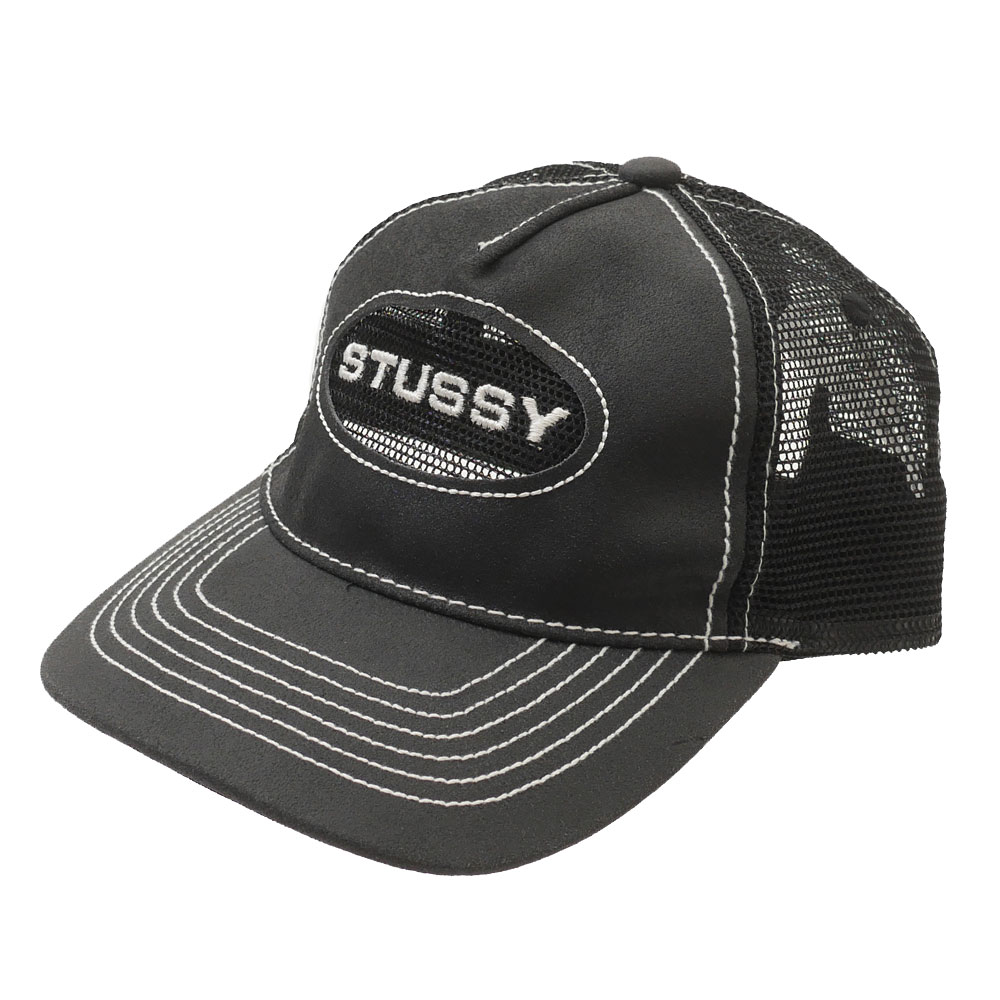 STUSSY CUT OUT LEATHER TRUCKER CAP 黒 Low Pro Trucker Cut-Out Leather Snapback – Black | Headwear