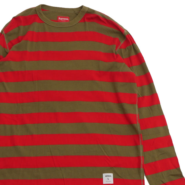 [���ָ���ݥ����5�ܥ����ڡ�����!!] ����ץ꡼�� SUPREME 13FW Striped L/S Tee �ܡ����� ĹµT����� OLIVE/RED ��� L����������š�2013FW