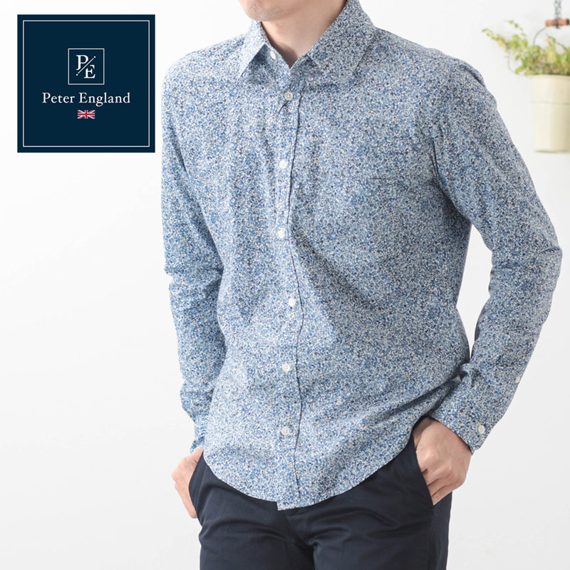 ピーターイングランド Peter England,長袖 英国老舗ブランド 日本縫製 メンズ 花柄シャツ フローラルプリント ブルー UK