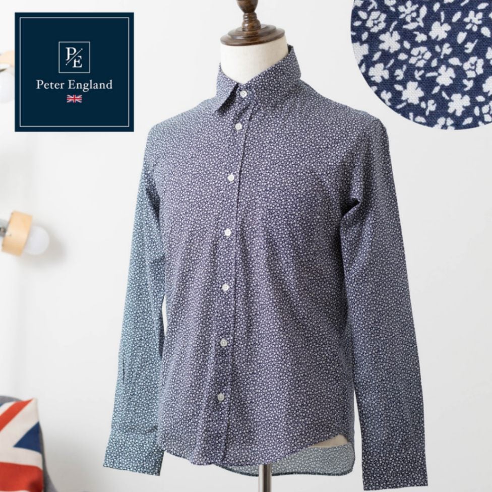 ピーターイングランド Peter England,長袖 英国老舗ブランド 日本縫製 メンズ 長袖シャツ フラワープリント 小花柄 ネイビー