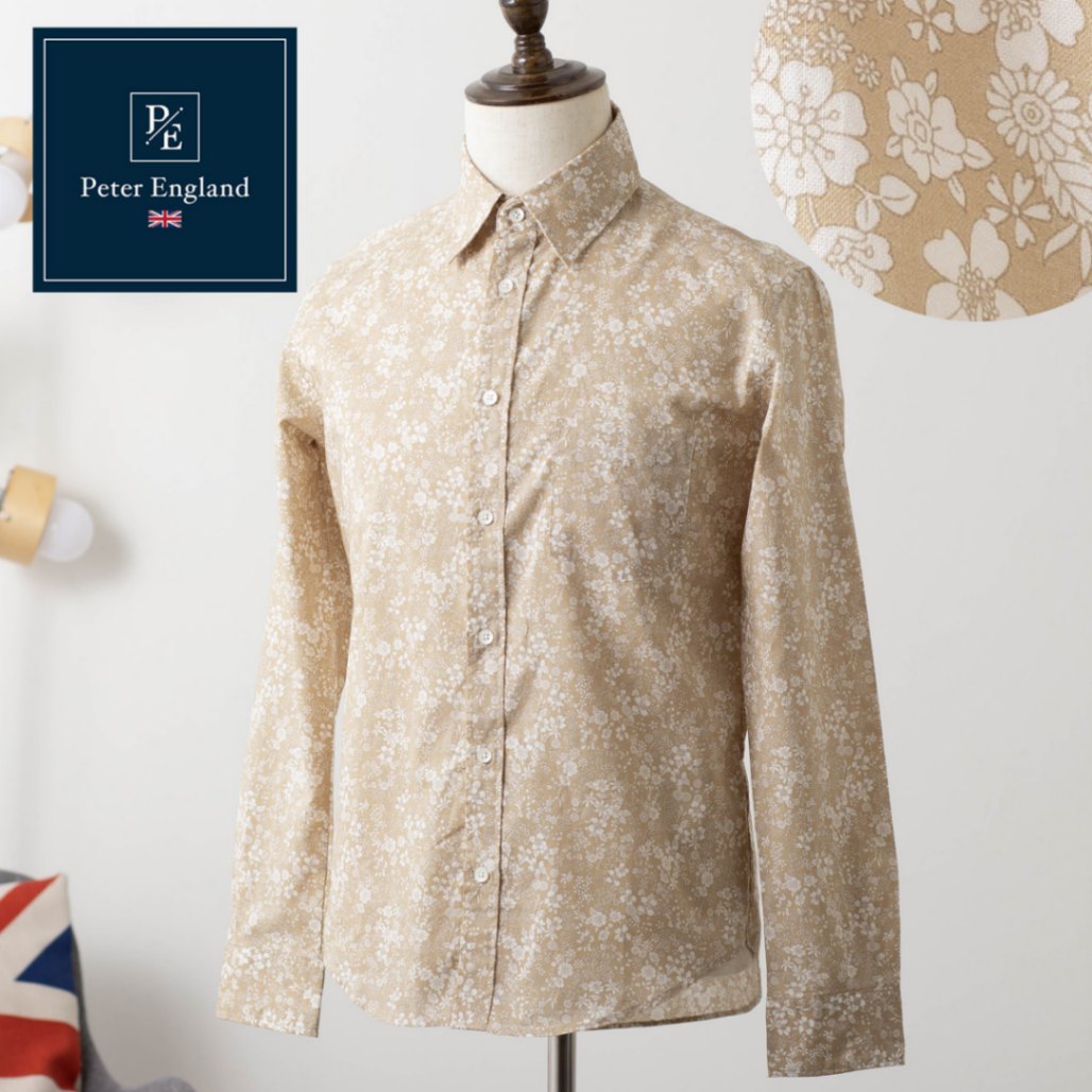 ピーターイングランド Peter England,長袖 英国老舗ブランド 日本縫製 メンズ 長袖シャツ フラワープリント ベージュ