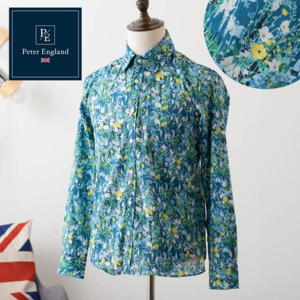 ピーターイングランド Peter England,長袖 英国老舗ブランド 日本縫製 メンズ 長袖シャツ フラワープリント ブルー コットン