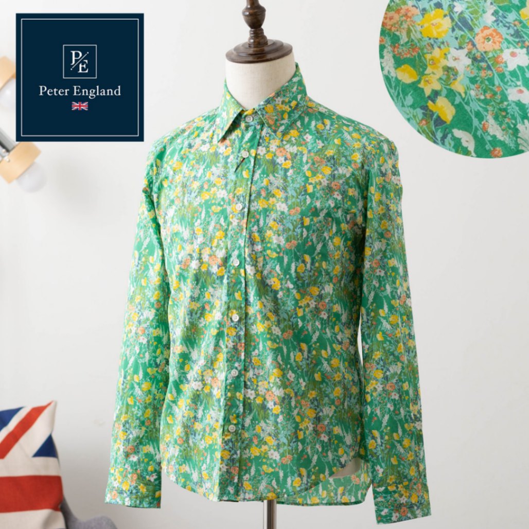 ピーターイングランド Peter England,長袖 英国老舗ブランド 日本縫製 メンズ 長袖シャツ フラワープリント グリーン