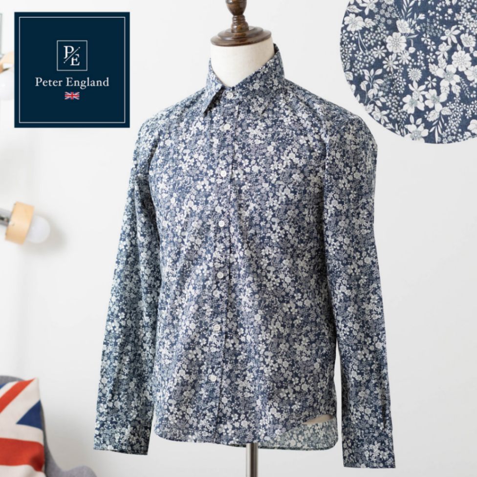 ピーターイングランド Peter England,長袖 英国老舗ブランド 日本縫製 メンズ 長袖シャツ フラワープリント ネイビー