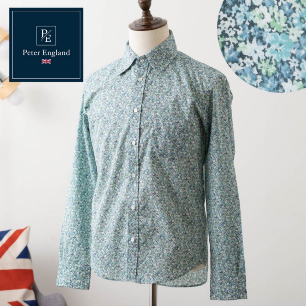 ピーターイングランド Peter England,長袖 英国老舗ブランド 日本縫製 メンズ 長袖シャツ フラワープリント エメラルド