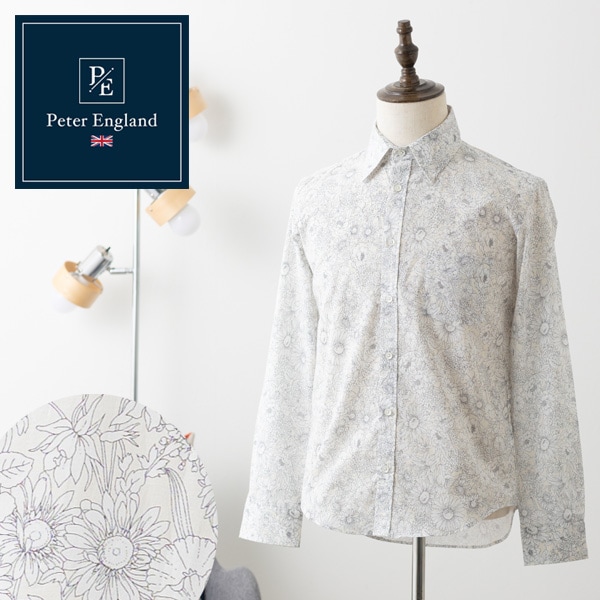 ピーターイングランド Peter England,長袖 英国老舗ブランド 日本縫製 メンズ ボタニカルプリント UKデザイン ホワイト
