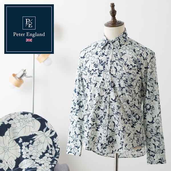 ピーターイングランド Peter England,長袖 英国老舗ブランド 日本縫製 メンズ ボタニカルプリント UKデザイン ネイビー