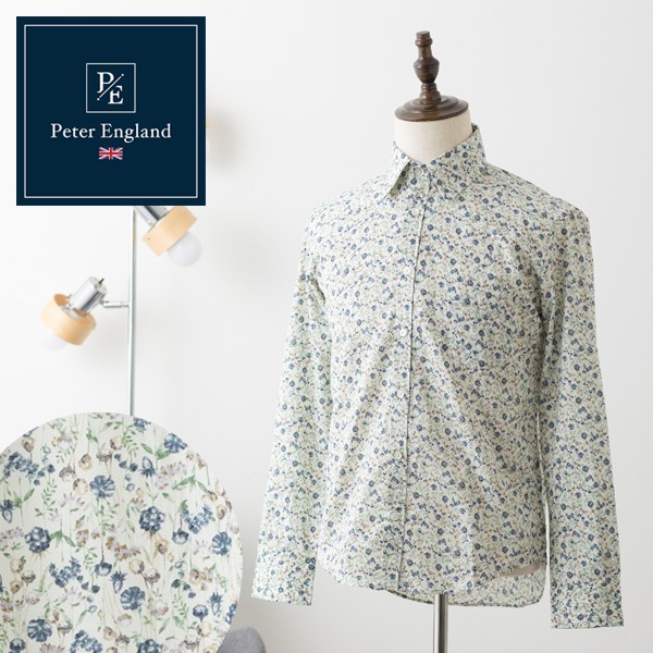ピーターイングランド Peter England,長袖 英国老舗ブランド 日本縫製 メンズ フラワープリント UKデザイン オフホワイト