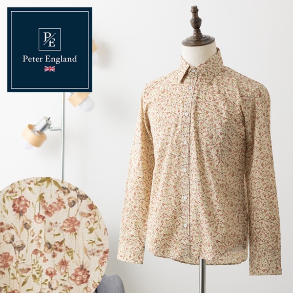ピーターイングランド Peter England,長袖 英国老舗ブランド 日本縫製 メンズ フラワープリント UKデザイン クリーム