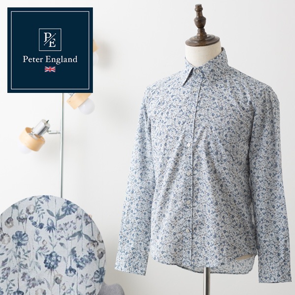 ピーターイングランド Peter England,長袖 英国老舗ブランド 日本縫製 メンズ フラワープリント UKデザイン ブルー