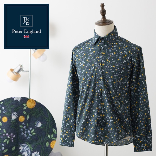 ピーターイングランド Peter England,長袖 英国老舗ブランド 日本縫製 メンズ フラワープリント UKデザイン ダークネイビー