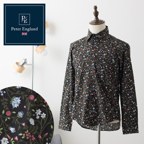 ピーターイングランド Peter England,長袖 英国老舗ブランド 日本縫製 メンズ フラワープリント UKデザイン ブラック