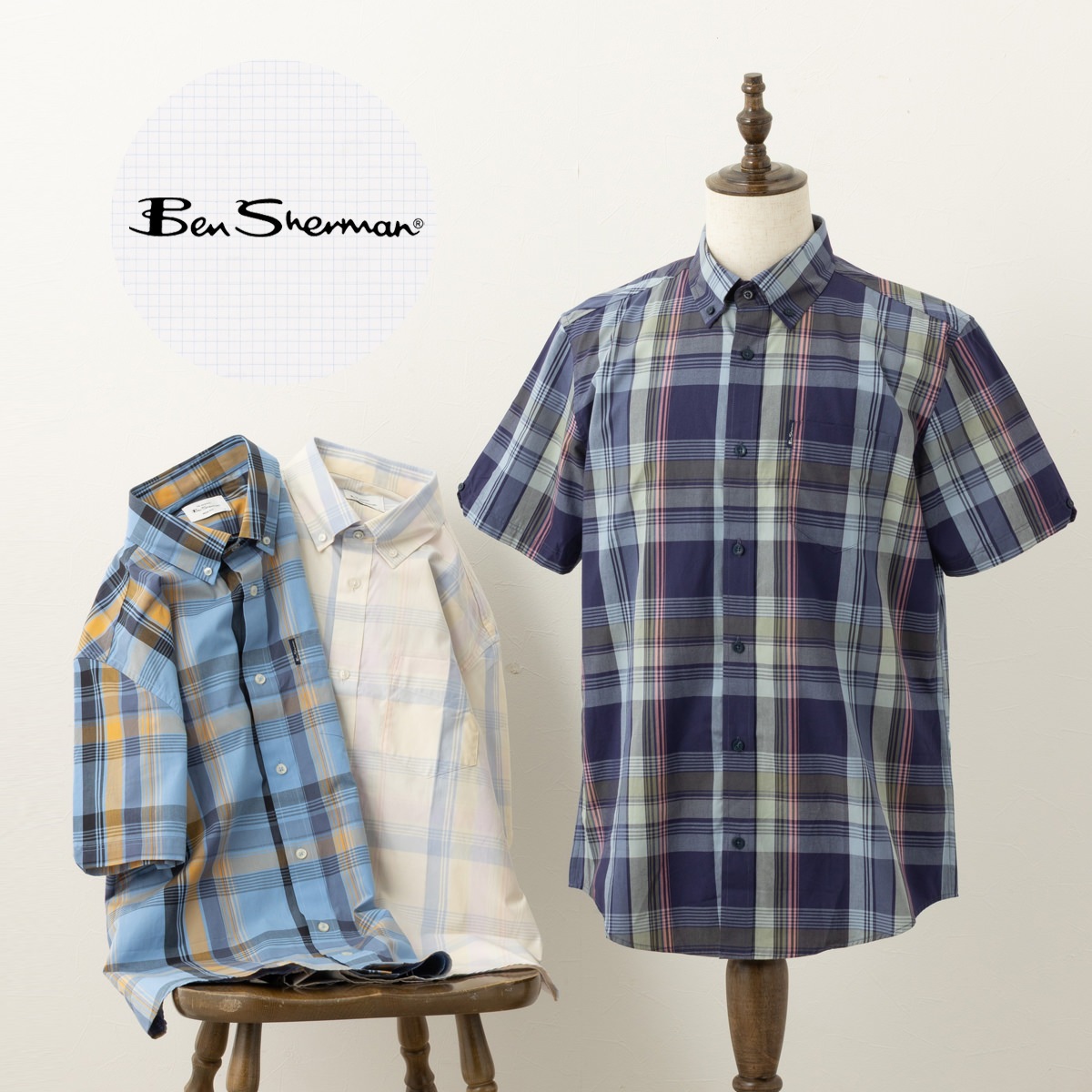 Ben Sherman �٥󥷥㡼�ޥ� Ⱦµ����� �֥��å������å� �����ܥ꡼ �֥롼 �ͥ��ӡ� MOD FIT ���åȥ� �����å� ��˥��å���