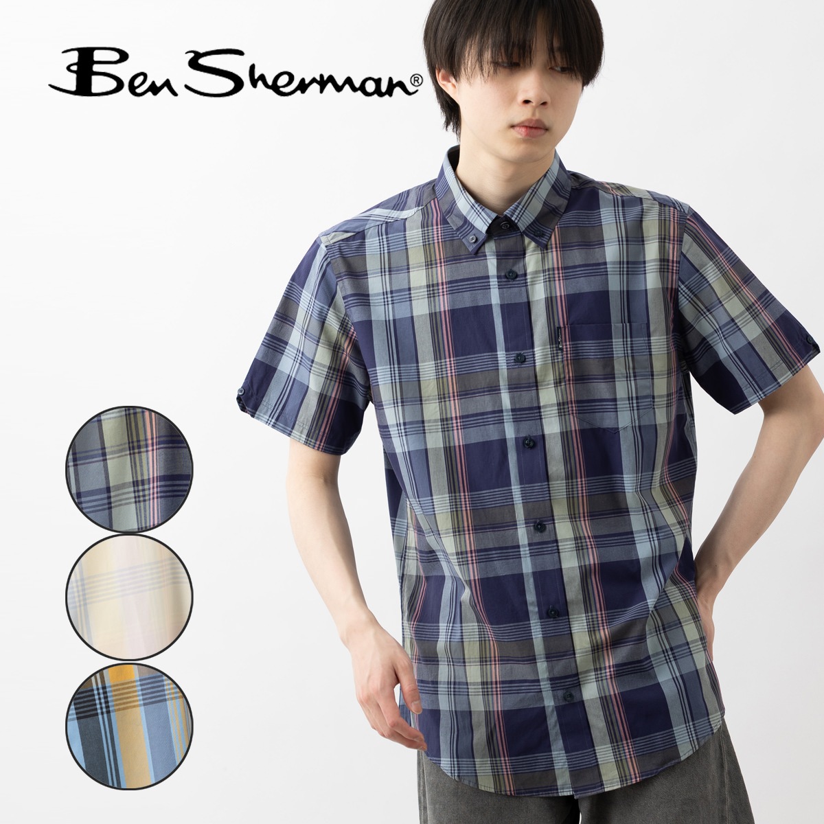 Ben Sherman �٥󥷥㡼�ޥ� Ⱦµ����� �֥��å������å� �����ܥ꡼ �֥롼 �ͥ��ӡ� MOD FIT ���åȥ� �����å� ��˥��å���
