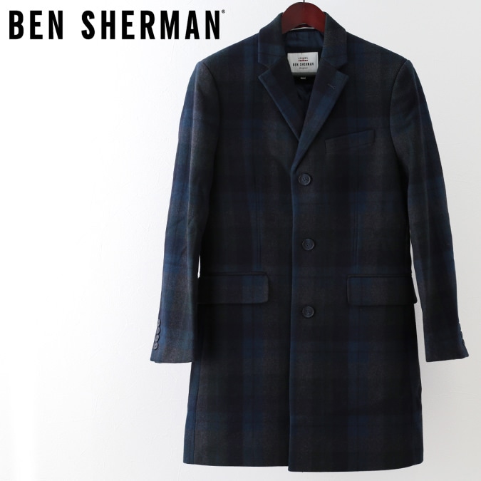 ベンシャーマン Ben Sherman ,コート | チェスターコート ダークグリーン コート チェック ウール ロングコート メンズ Ben  Sherman ベンシャーマン