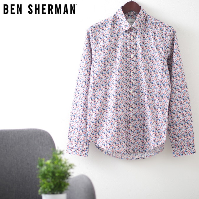 すべての商品 ベンシャーマン メンズ 長袖シャツ 花柄シャツ フローラル Ben Sherman ブルー スリムフィット